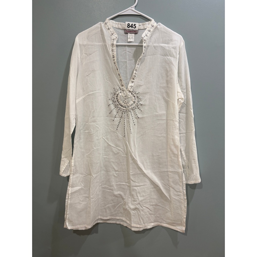 Peppermint Bay White Cotton Sequin Beaded Tunic Top Long Sleeve Boho L